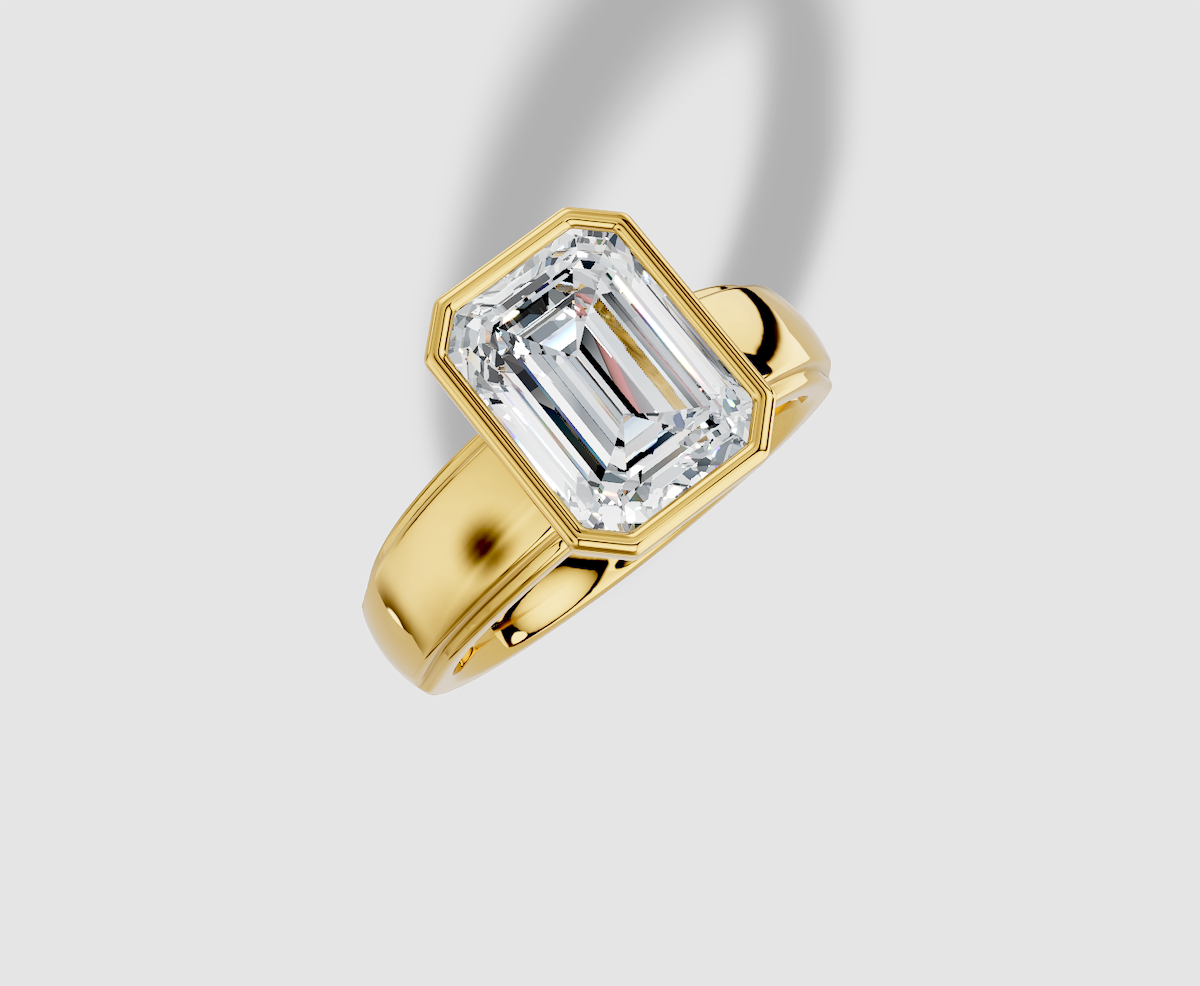 3.00 ctw Emerald Cut Lab Grown Diamond Standard Wide Bezel Engagement Ring in 14K Gold
