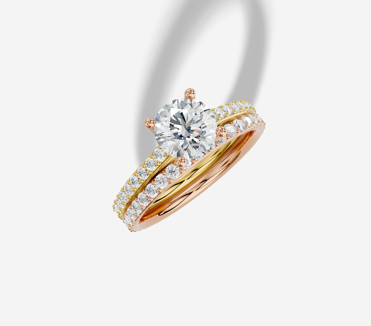 1.32 ctw Round Cut Lab Grown Diamond Shared Prong Cathedral Prong Set Engagement Ring in 14K Gold and 0.33 ctw Matching Band