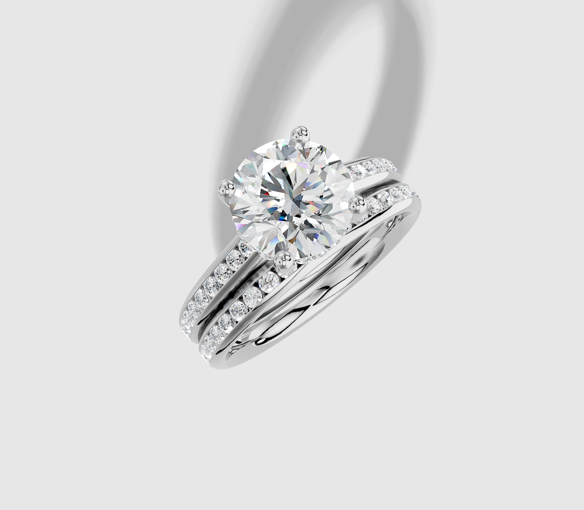 2.41 ctw Round Cut Lab Grown Diamond Channel Cathedral Hidden Halo Engagement Ring in 14K Gold and 0.35 ctw Matching Band