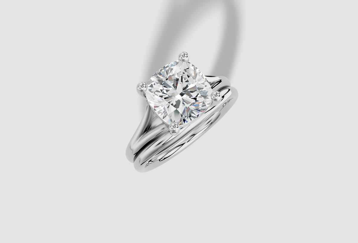 3.00 ctw Cushion Cut Lab Grown Diamond Standard Split Shank Prong Set Engagement Ring in 14K Gold and Matching Band