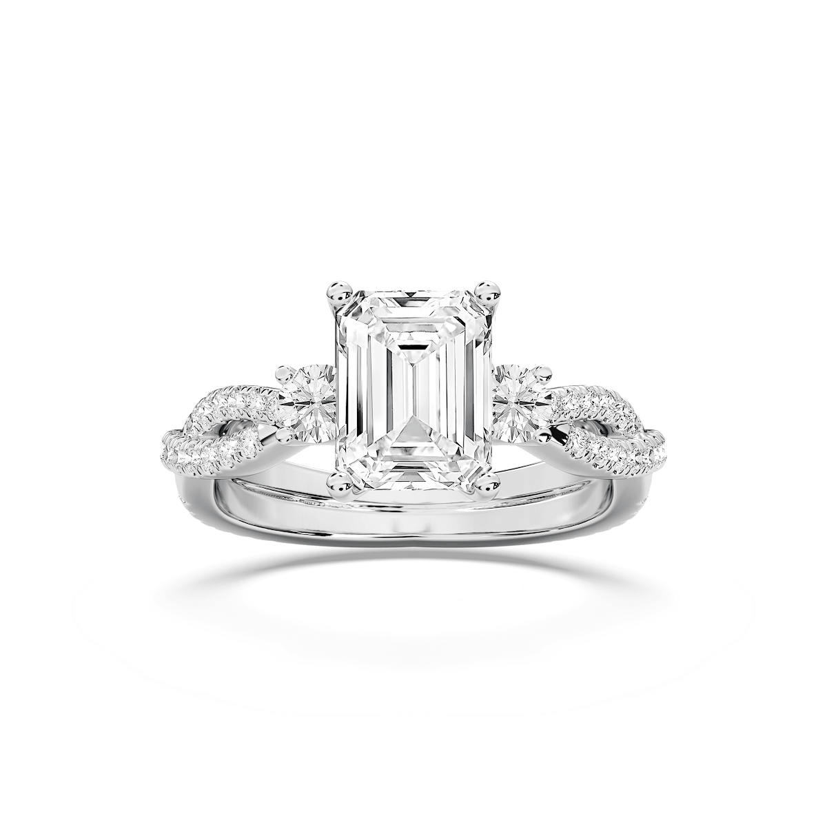 Bella 2 ¾ ctw Emerald Lab Grown Diamond Twist Side Stone Engagement Ring