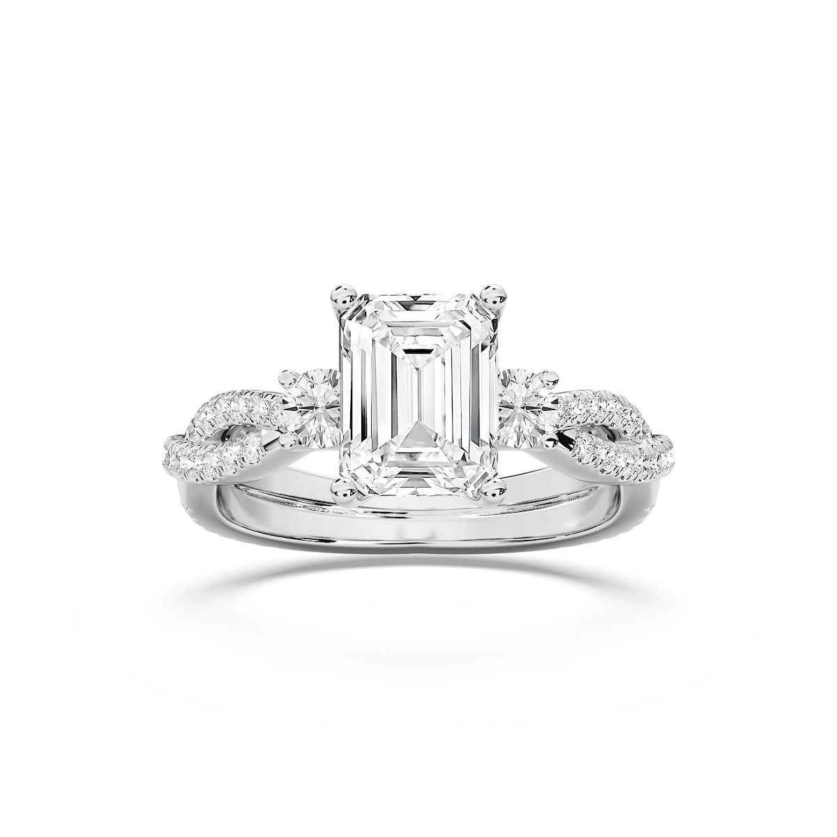 Bella 2 ¾ ctw Emerald Lab Grown Diamond Twist Side Stone Engagement Ring