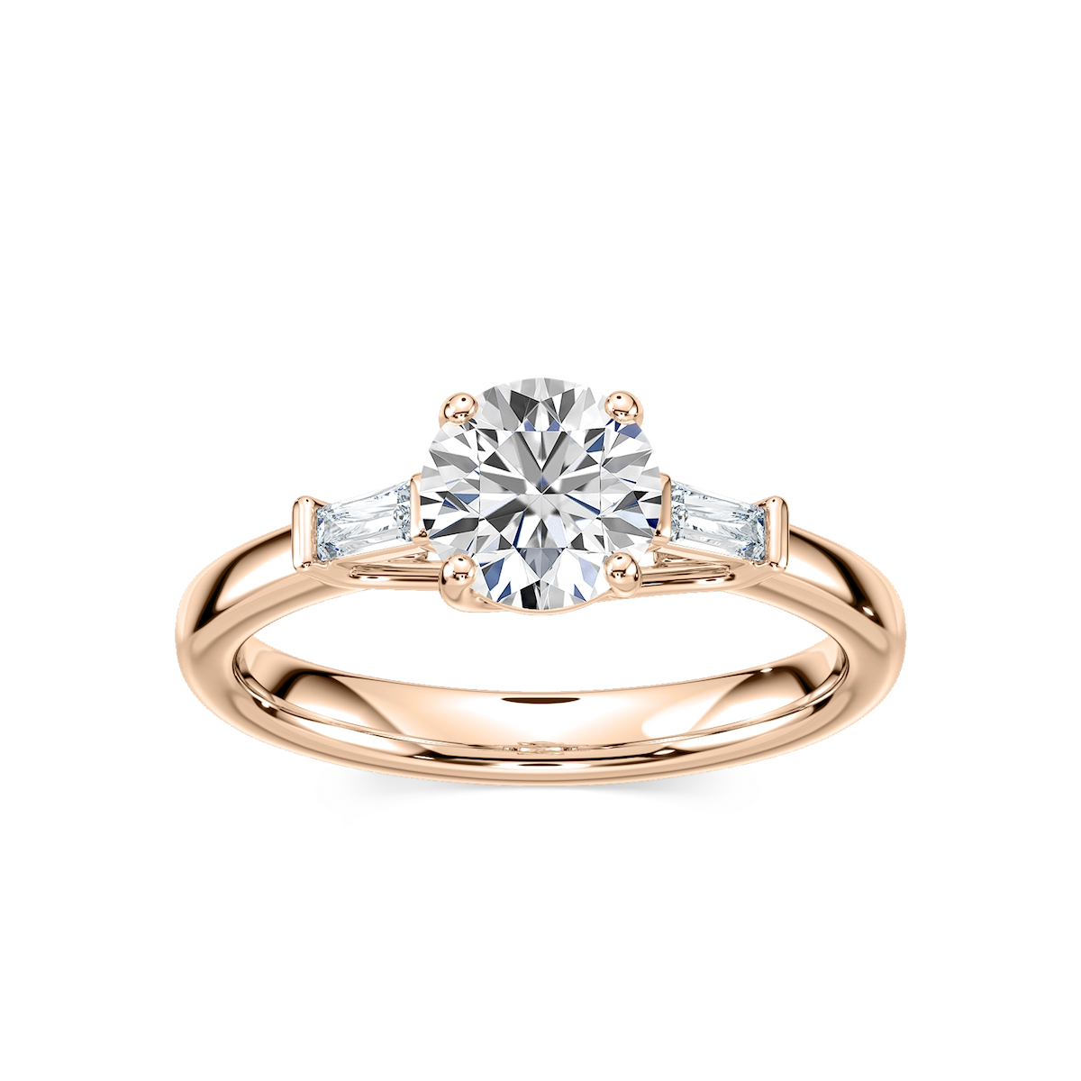 Carma Lab Grown Diamond Tapered Baguette Sides Three Stone Engagement Ring