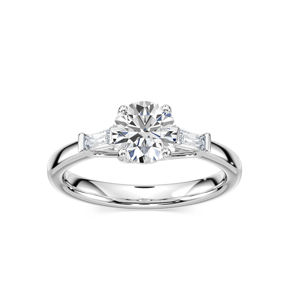 Carma Lab Grown Diamond Tapered Baguette Sides Three Stone Engagement Ring