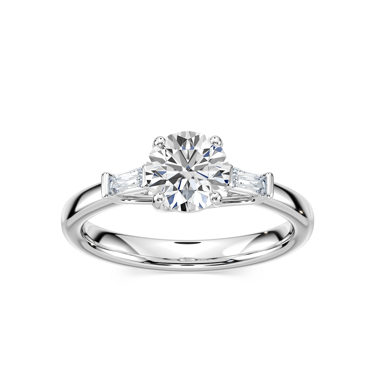 Carma Lab Grown Diamond Tapered Baguette Sides Three Stone Engagement Ring