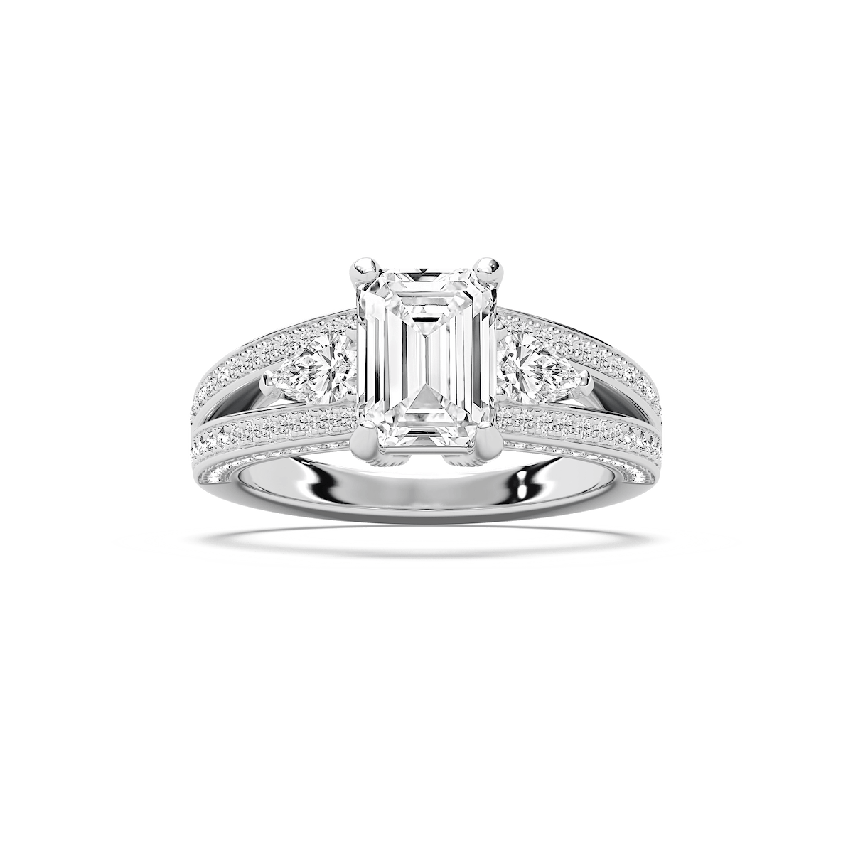 Cassie 3 ¹⁄₆ ctw Emerald Lab Grown Diamond Royal Split Shank Side Stone Engagement Ring