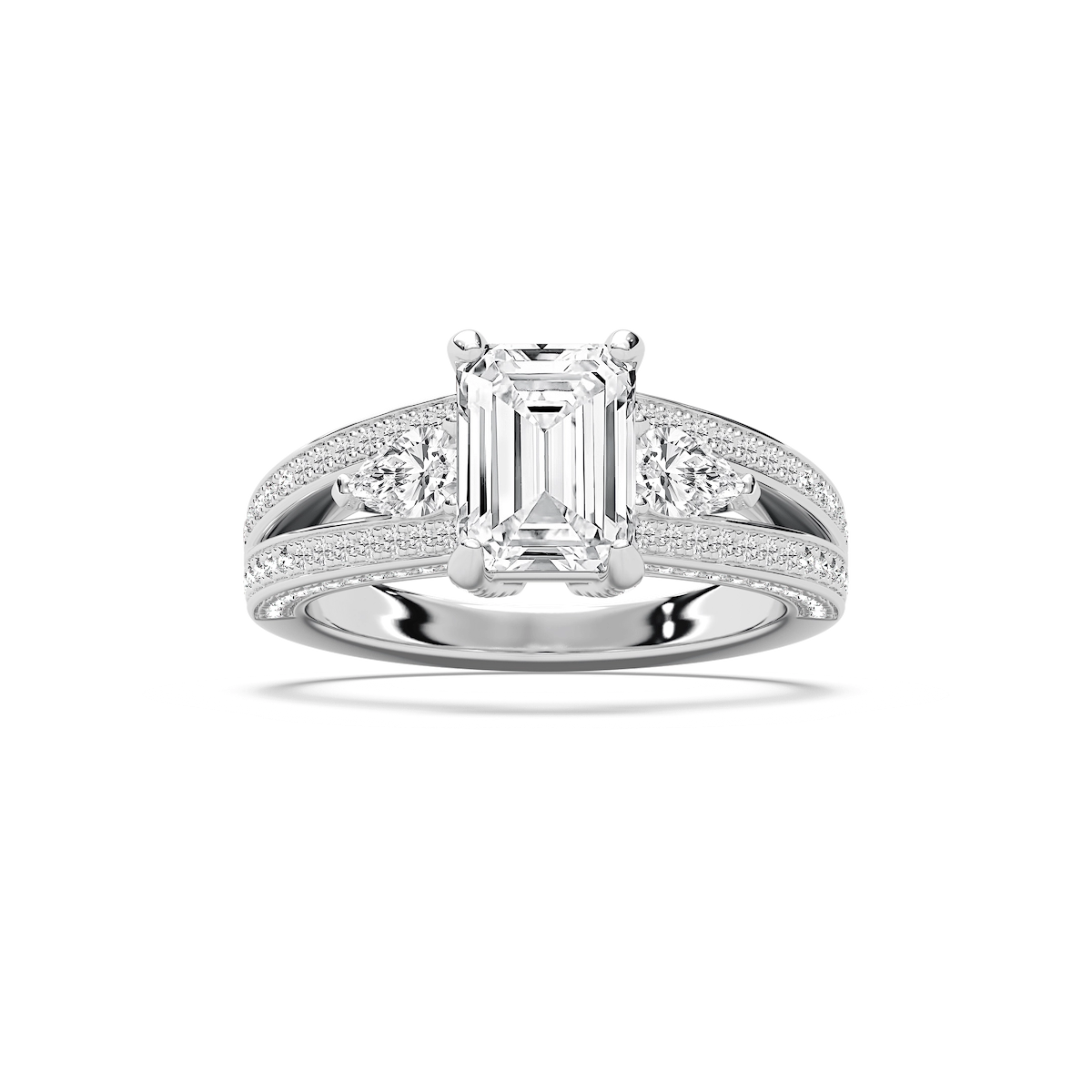Cassie 3 ¹⁄₆ ctw Emerald Lab Grown Diamond Royal Split Shank Side Stone Engagement Ring