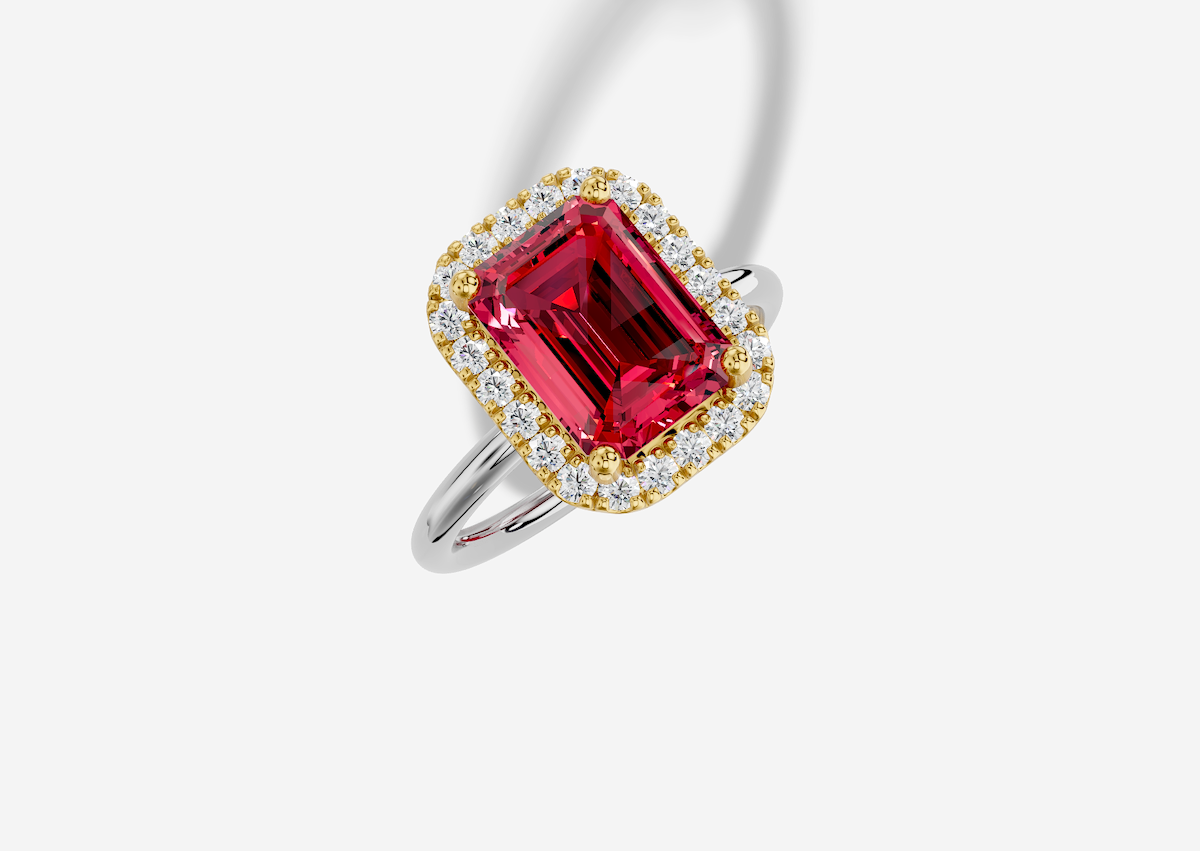 10.5 x 8.0 mm Emerald Cut Lab Grown Ruby Standard Classic Halo Engagement Ring in 14K Gold
