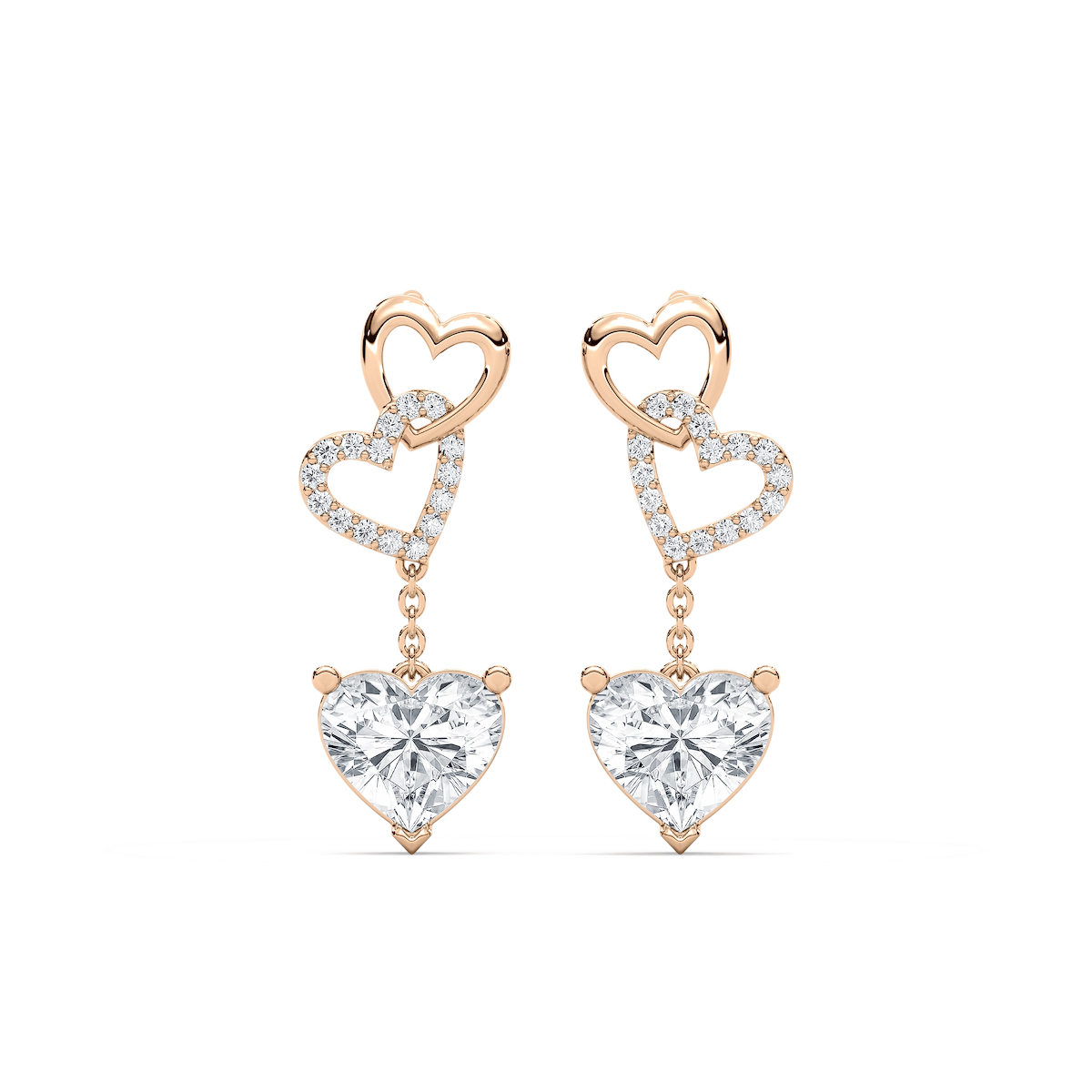 2 ctw Heart and Round Lab Grown Diamond Chain Dangle  Earrings