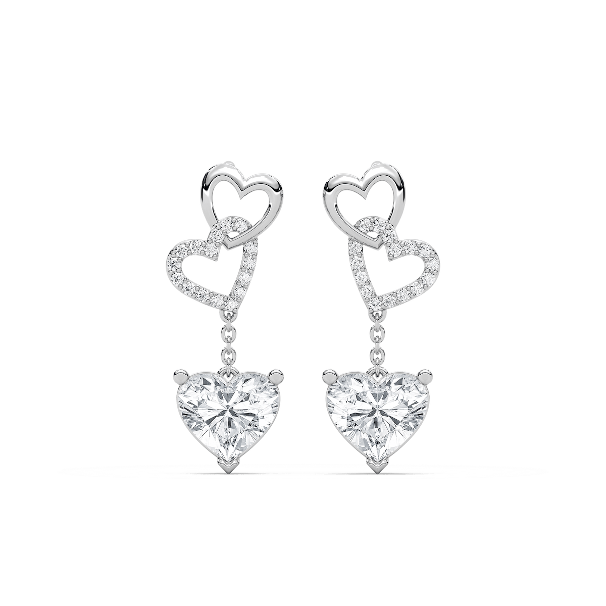 2 ctw Heart and Round Lab Grown Diamond Chain Dangle  Earrings