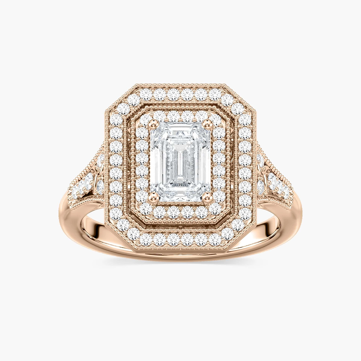 Genevieve Emerald Lab Grown Diamond Vintage Frame Double Halo Engagement Ring