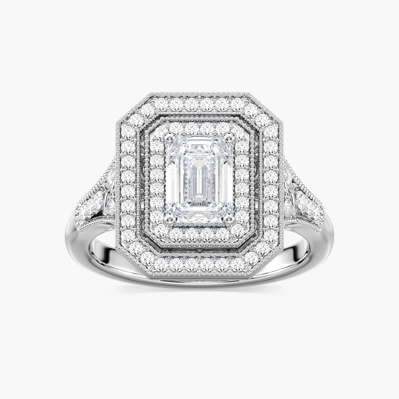 Genevieve Emerald Lab Grown Diamond Vintage Frame Double Halo Engagement Ring