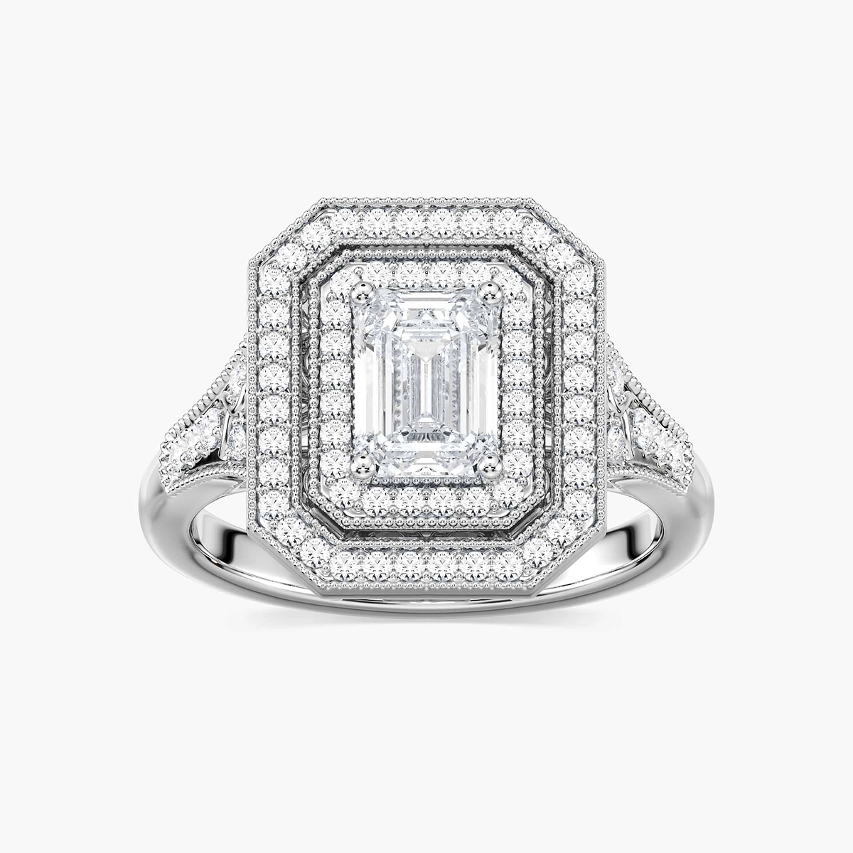 Genevieve Emerald Lab Grown Diamond Vintage Frame Double Halo Engagement Ring
