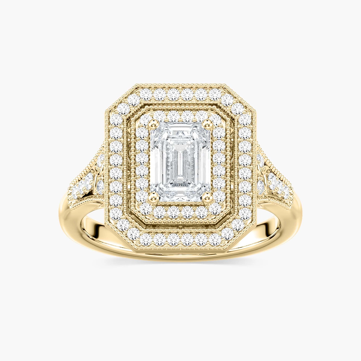 Genevieve Emerald Lab Grown Diamond Vintage Frame Double Halo Engagement Ring