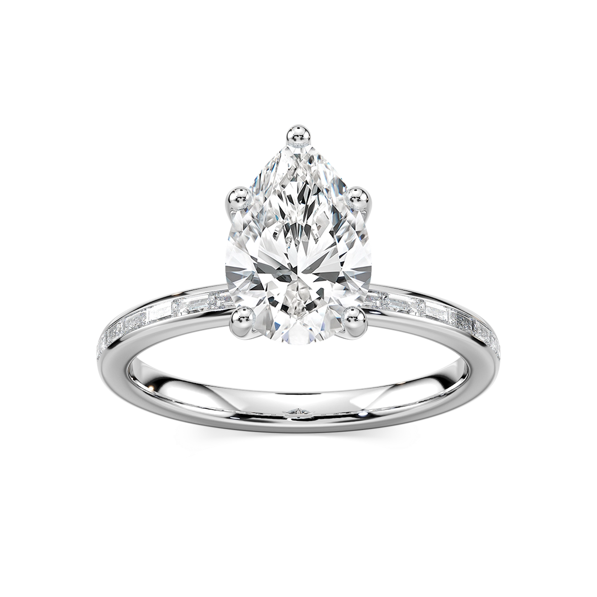Clea Pear Lab Grown Diamond Channel Set Baguette Side Stone Engagement Ring