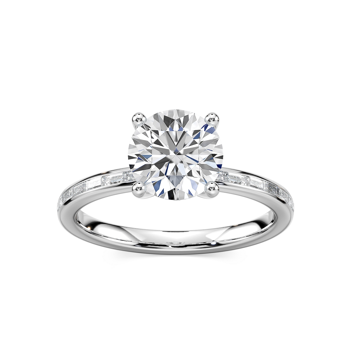 Clea Round Lab Grown Diamond Channel Set Baguette Side Stone Engagement Ring