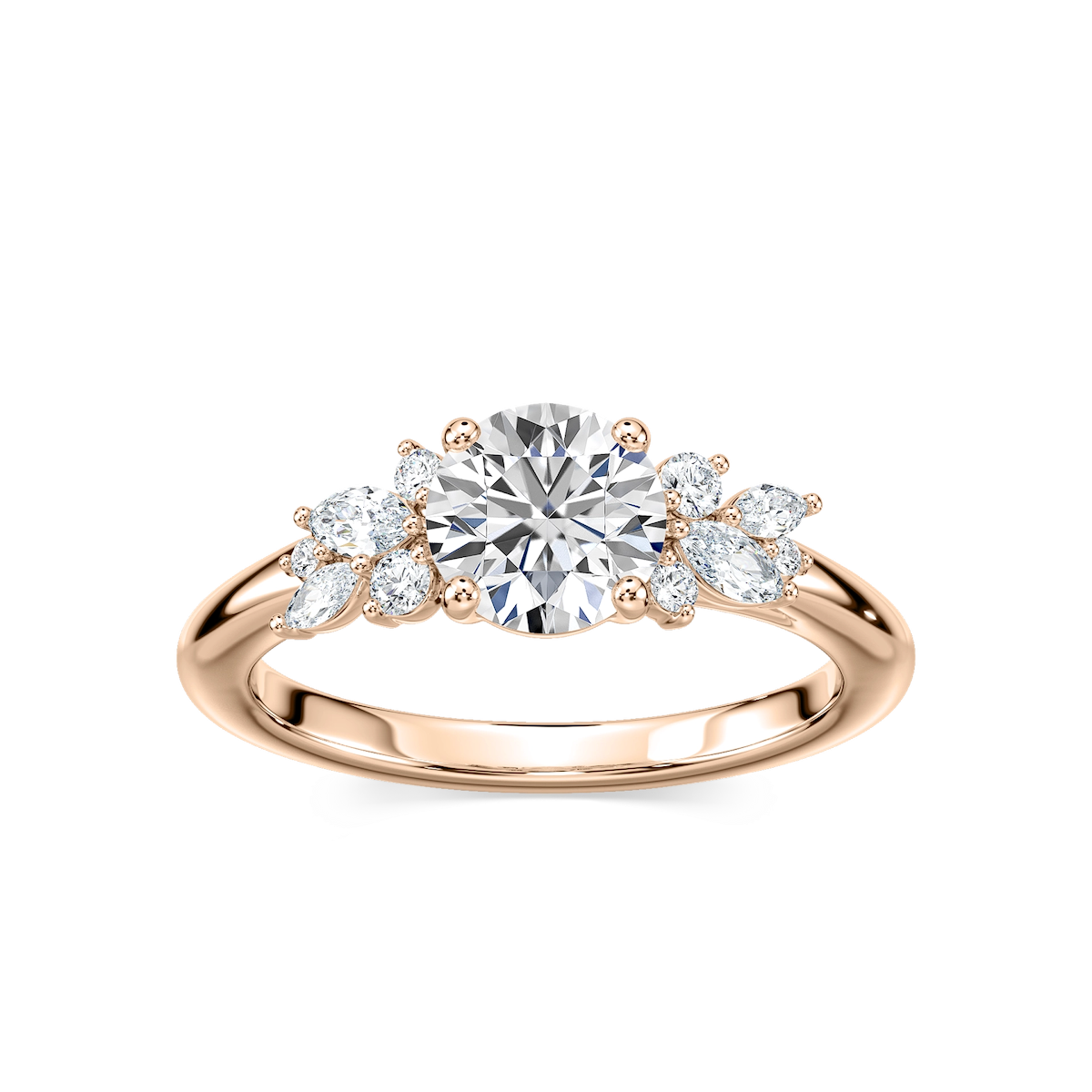 Clover Round Lab Grown Diamond Flower Petal Side Stone Engagement Ring