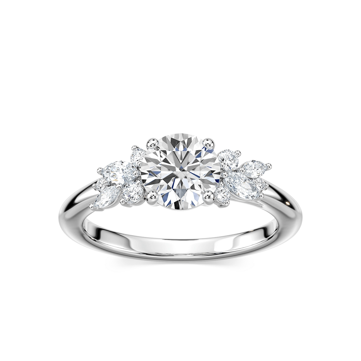 Clover Round Lab Grown Diamond Flower Petal Side Stone Engagement Ring