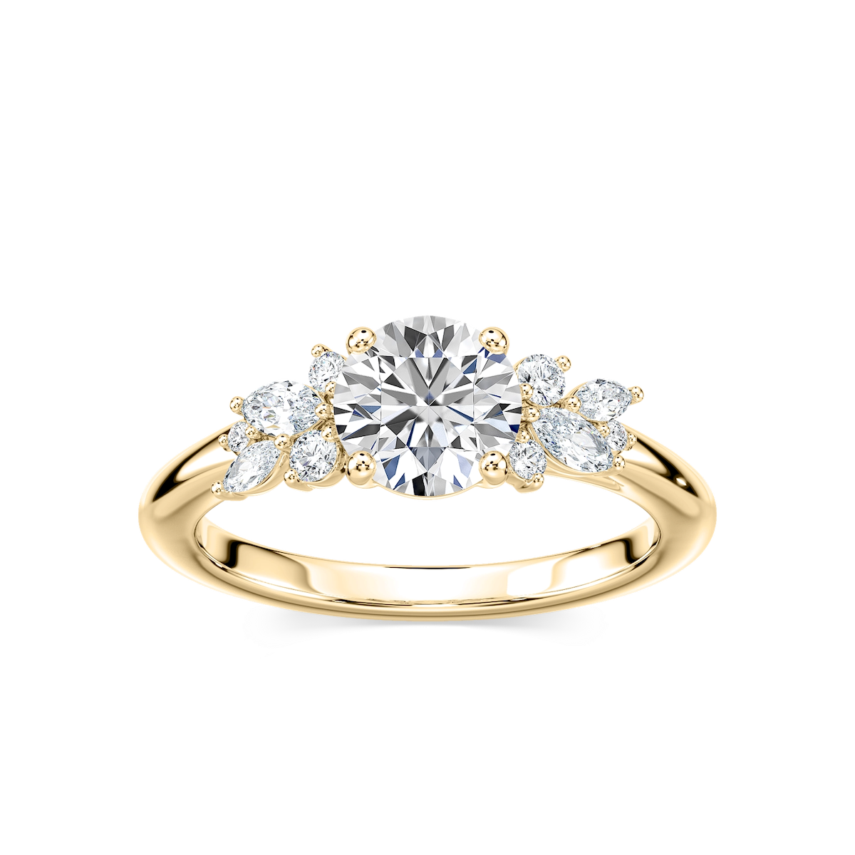 Clover Round Lab Grown Diamond Flower Petal Side Stone Engagement Ring
