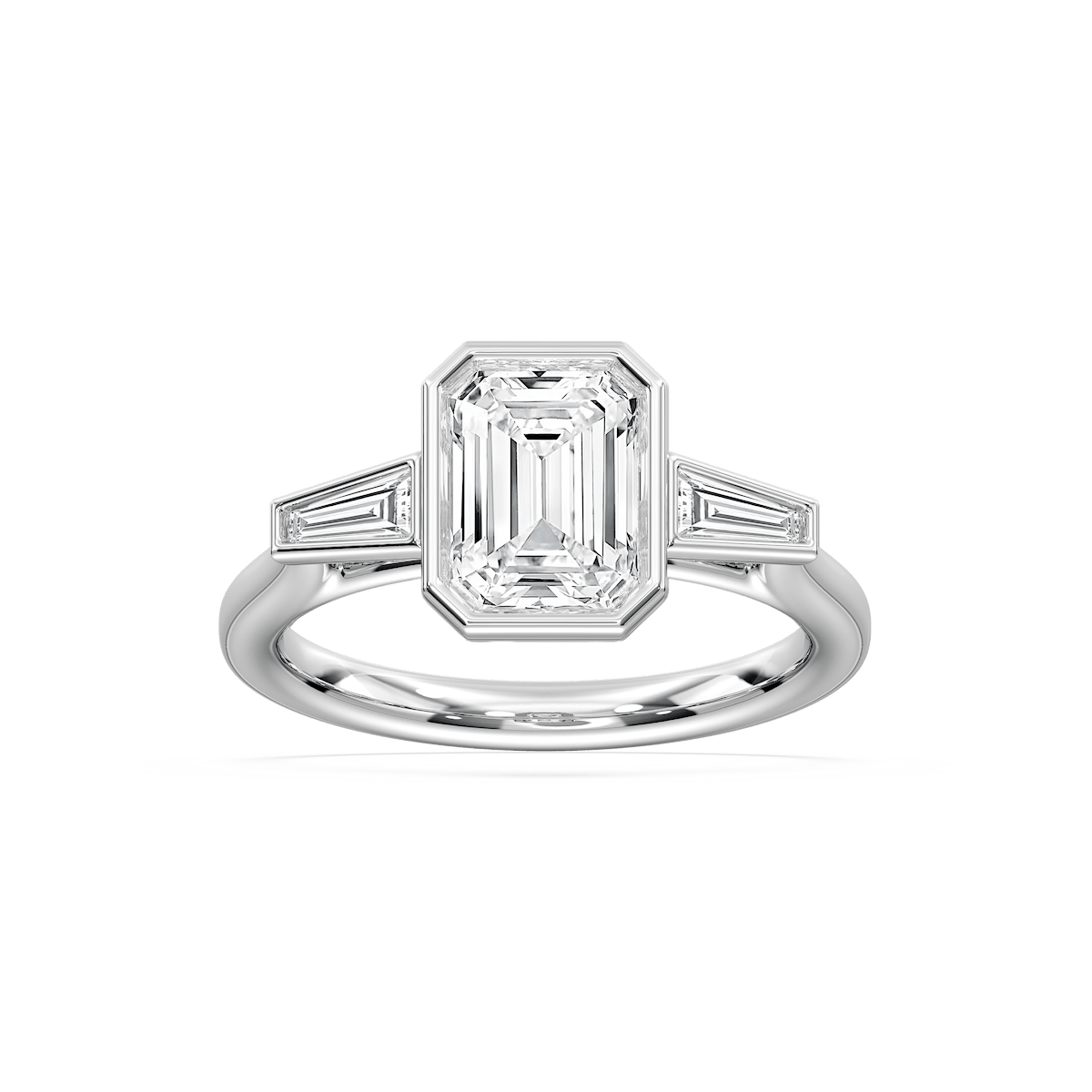 Sydney 2 ½ ctw Emerald Lab Grown Diamond Couture Bezel Set Three Stone Engagement Ring