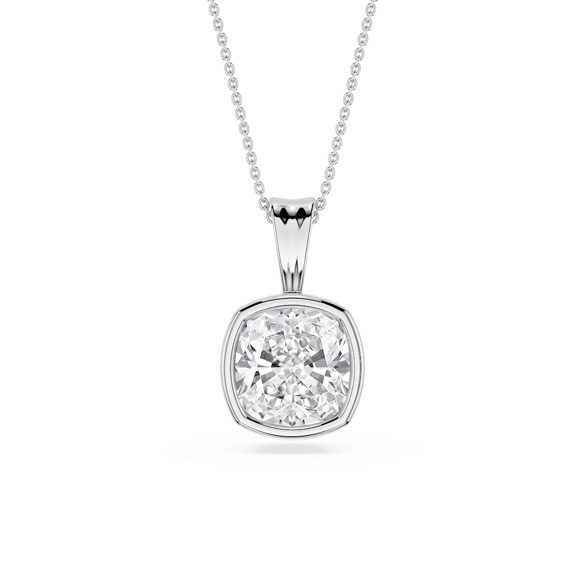 Cushion Lab Grown Diamond Bezel Set Bail Solitaire Pendant - 16 to 18 Inches