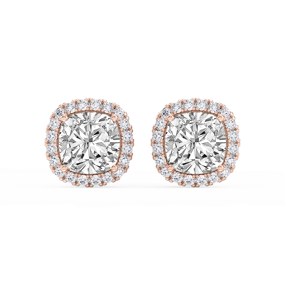 Cushion Lab Grown Diamond Four Prong Basket Halo Stud Earrings