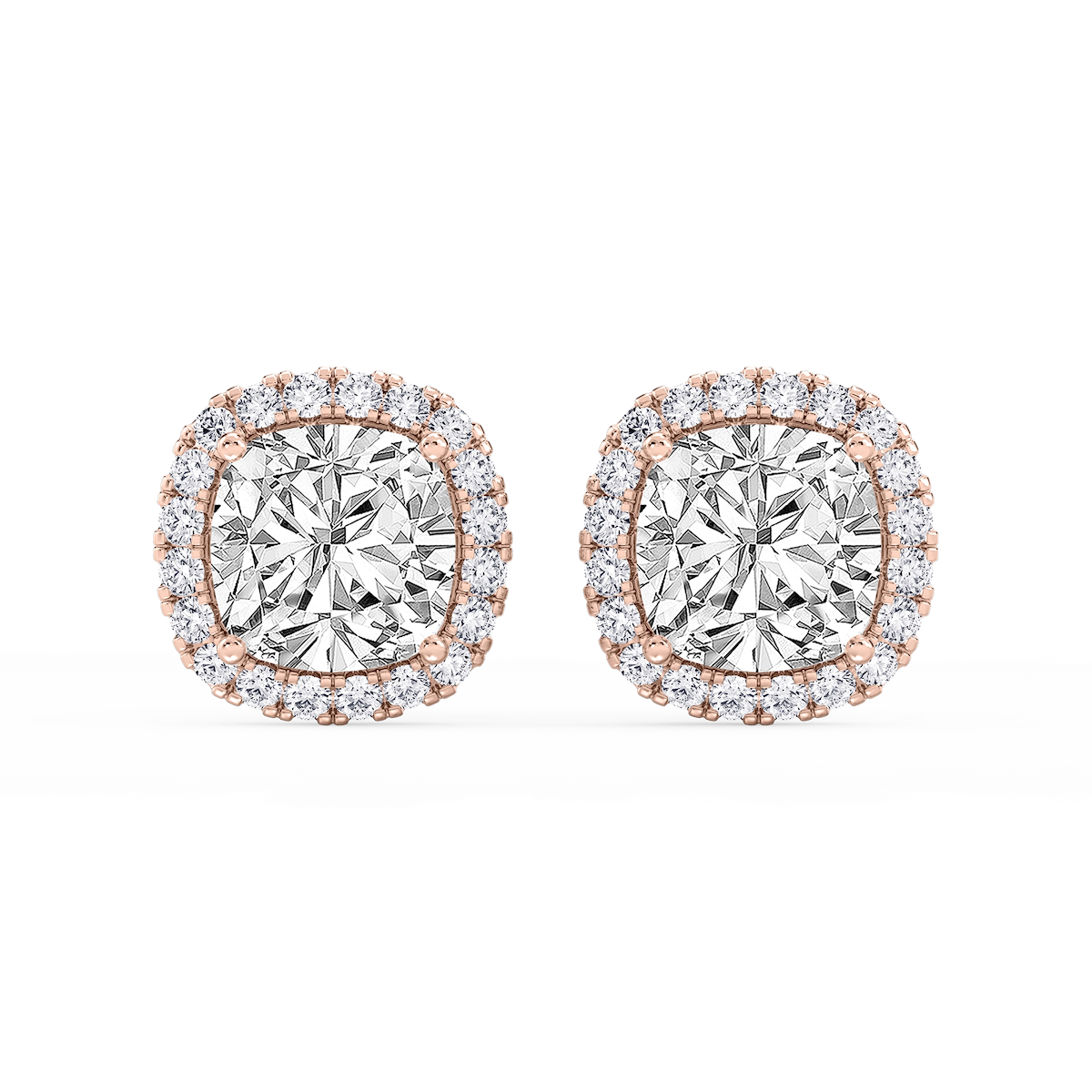 Cushion Lab Grown Diamond Four Prong Basket Halo Stud Earrings