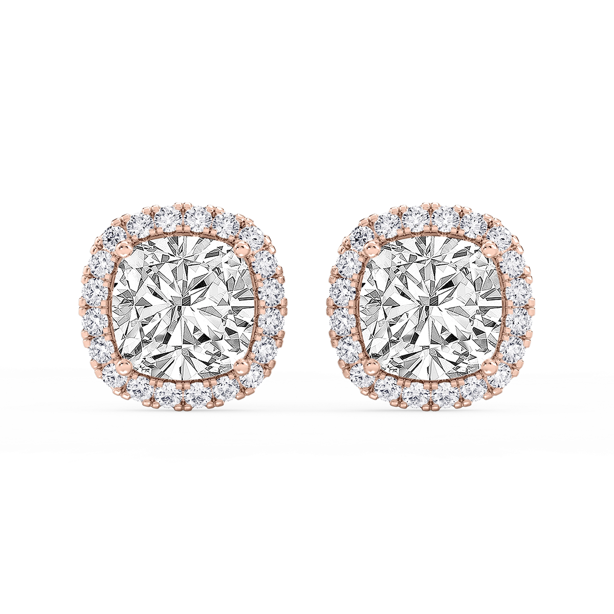 Cushion Lab Grown Diamond Four Prong Basket Halo Stud Earrings