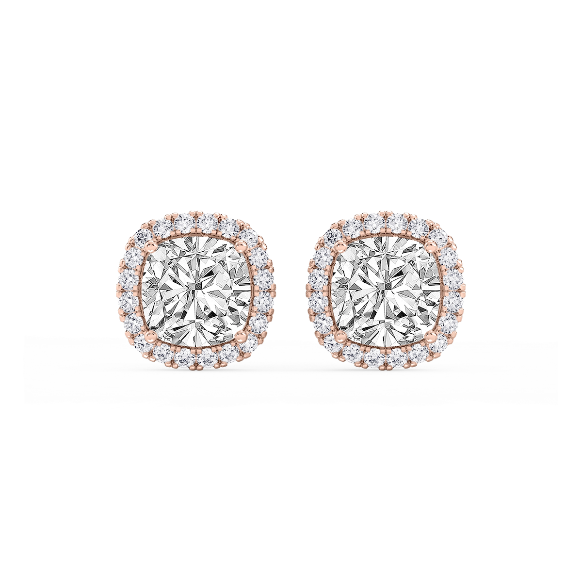 Cushion Lab Grown Diamond Four Prong Basket Halo Stud Earrings