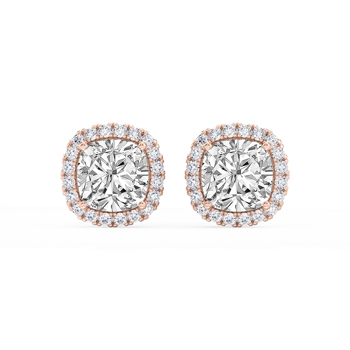 Cushion Lab Grown Diamond Four Prong Basket Halo Stud Earrings