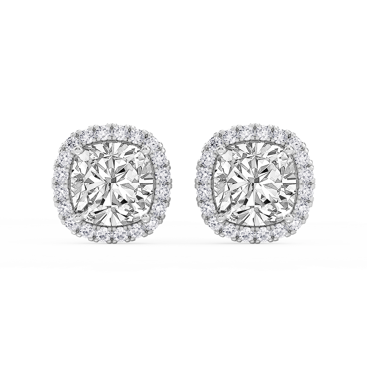 Cushion Lab Grown Diamond Four Prong Basket Halo Stud Earrings