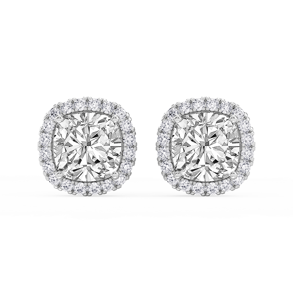 Cushion Lab Grown Diamond Four Prong Basket Halo Stud Earrings