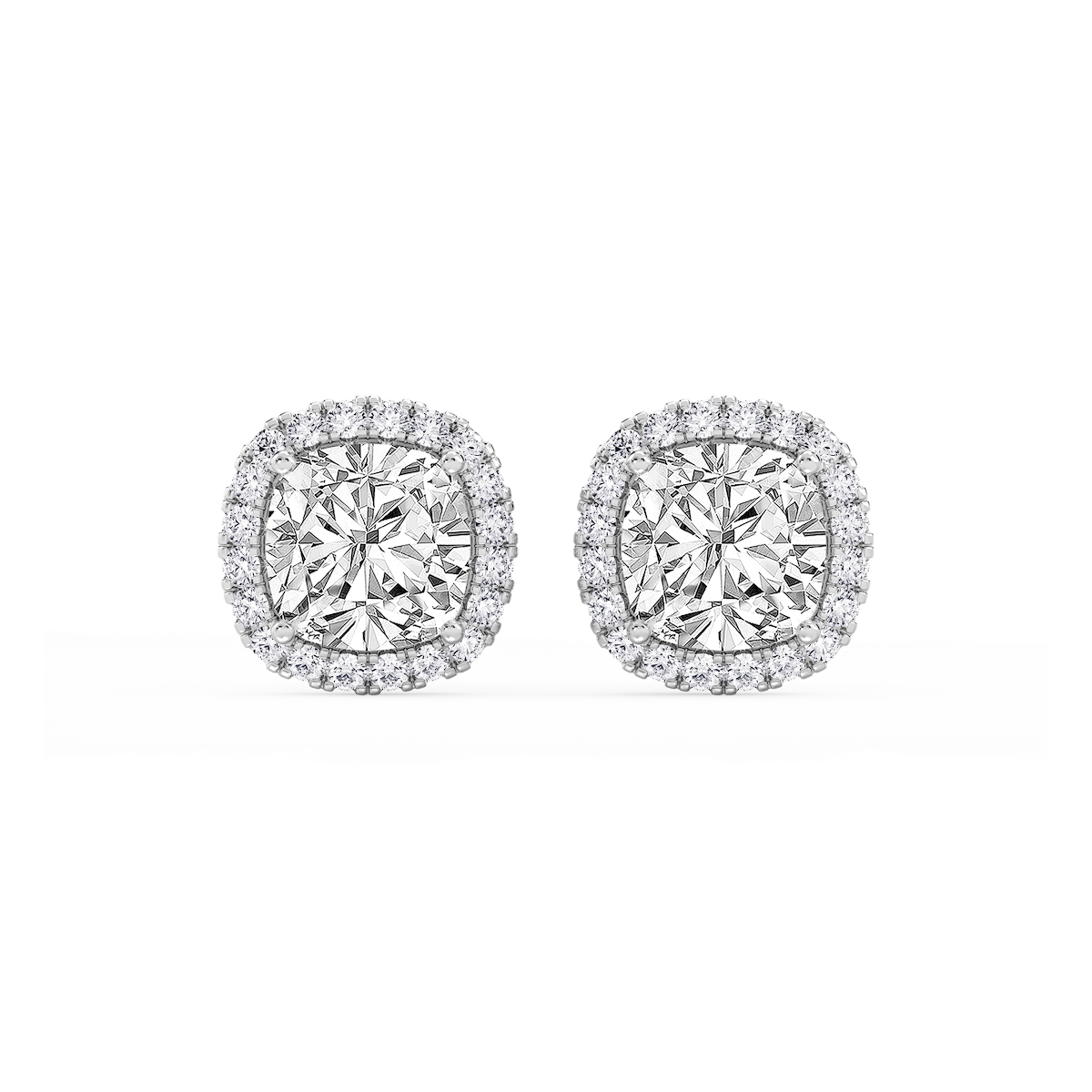 Cushion Lab Grown Diamond Four Prong Basket Halo Stud Earrings