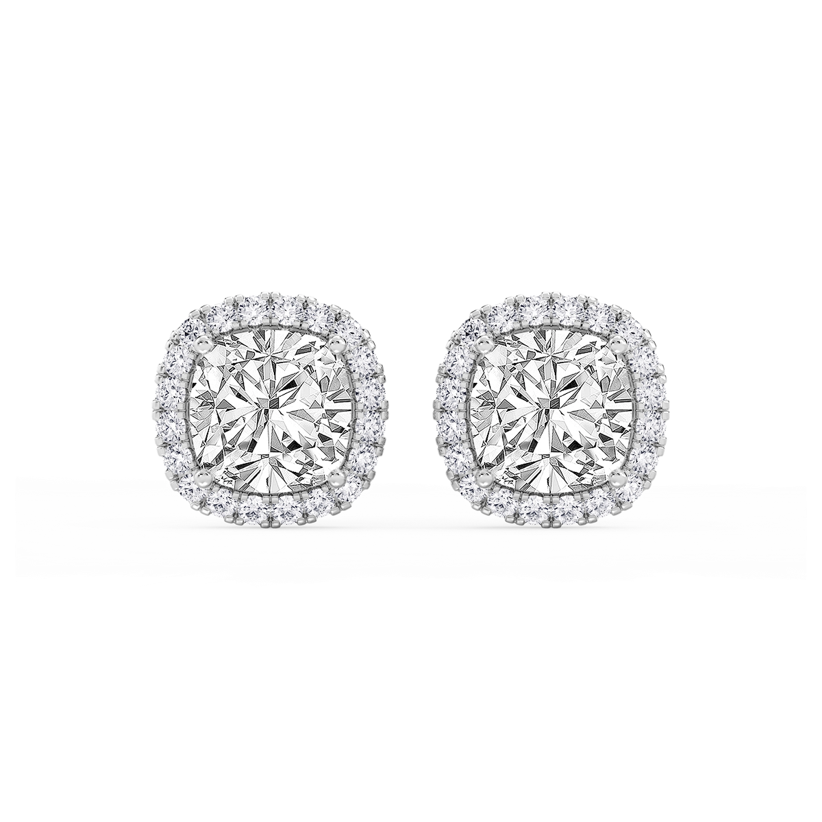 Cushion Lab Grown Diamond Four Prong Basket Halo Stud Earrings
