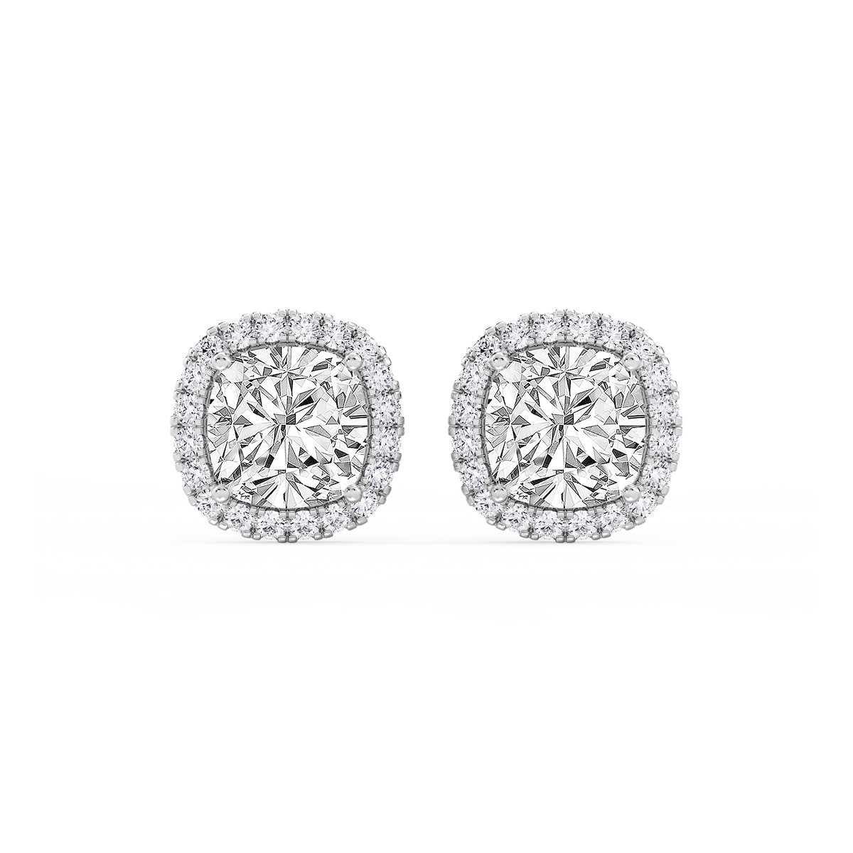 Cushion Lab Grown Diamond Four Prong Basket Halo Stud Earrings