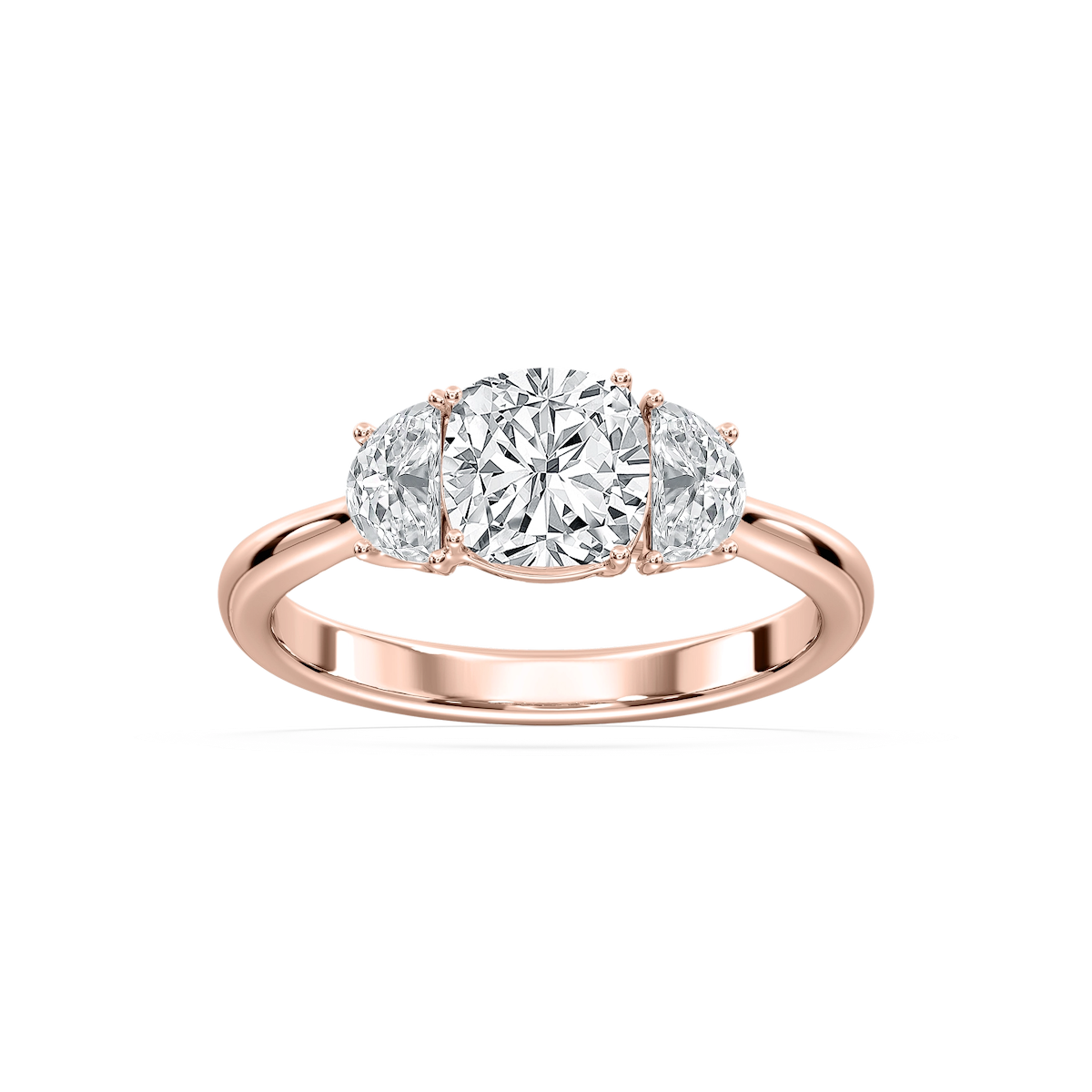 Mara Cushion Lab Grown Diamond with Half Moon Sides Trellis Three Stone Engagement Ring