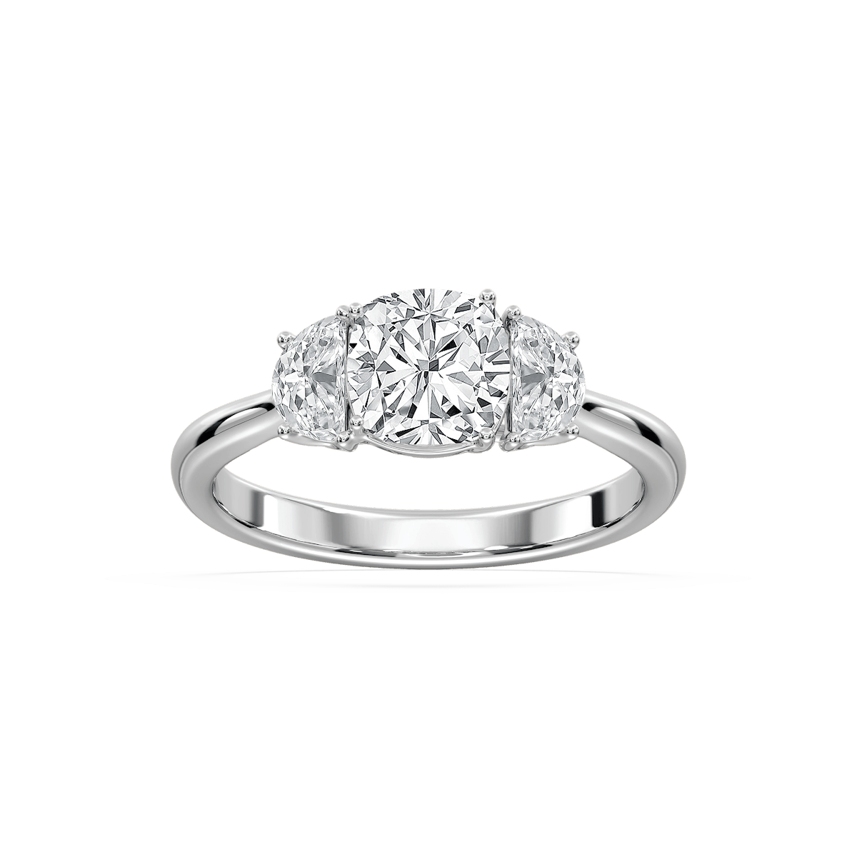 Mara Cushion Lab Grown Diamond with Half Moon Sides Trellis Three Stone Engagement Ring