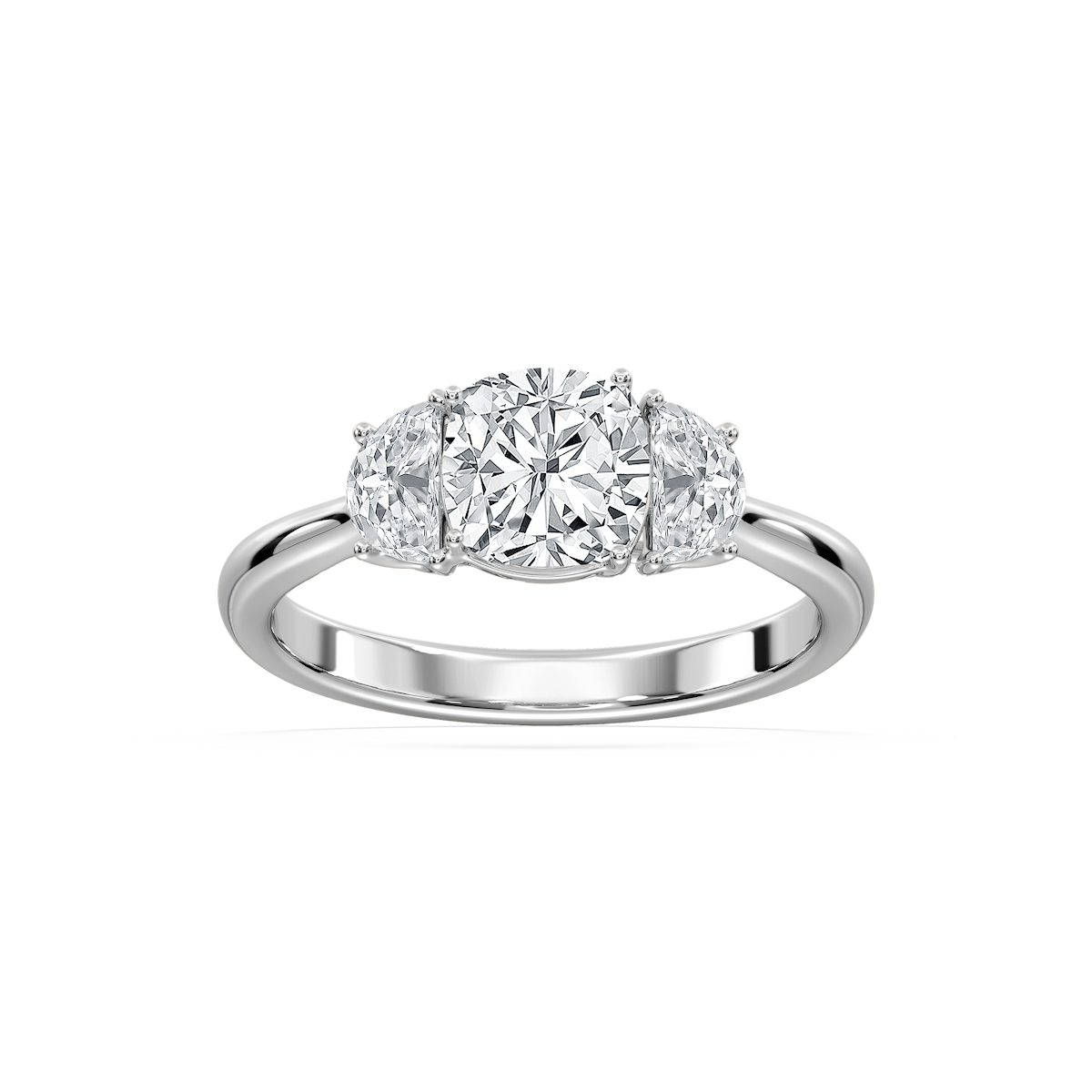 Mara Cushion Lab Grown Diamond with Half Moon Sides Trellis Three Stone Engagement Ring