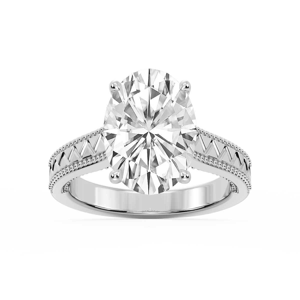 Daisy Oval Lab Grown Diamond Etched Milgrain Side Stone Engagement Ring
