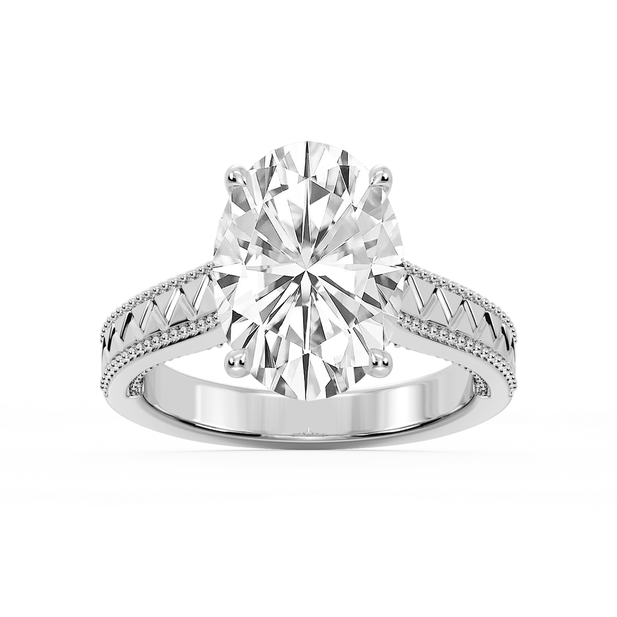 Daisy Oval Lab Grown Diamond Etched Milgrain Side Stone Engagement Ring