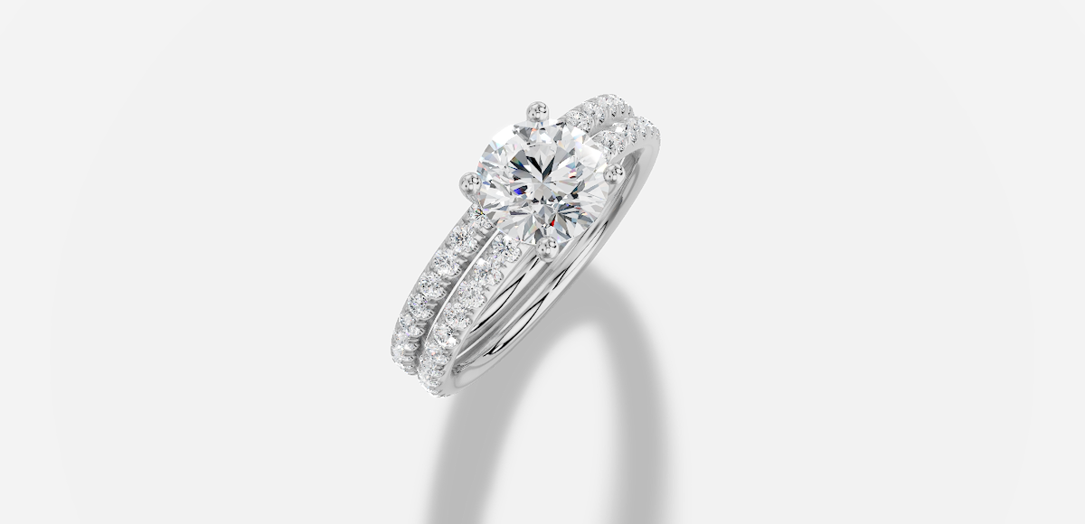 1.32 ctw Round Cut Lab Grown Diamond Micro Prong Classic Prong Set Engagement Ring in 14K Gold and 0.35 ctw Matching Band