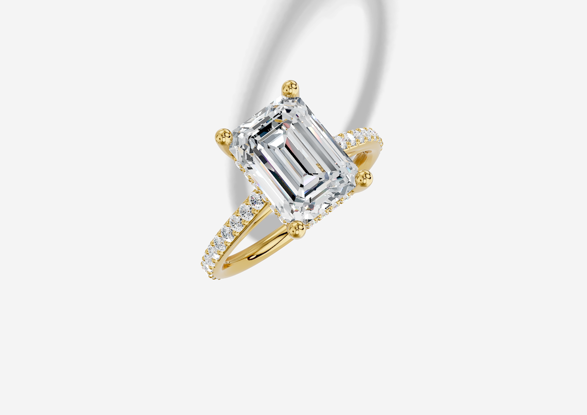 3.42 ctw Emerald Cut Lab Grown Diamond Shared Prong Cathedral Hidden Halo Engagement Ring in 14K Gold