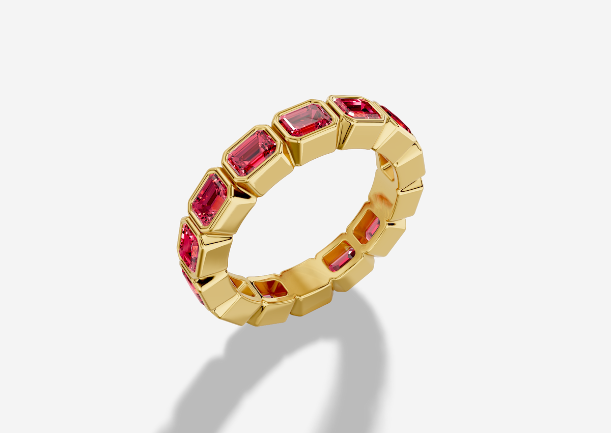 Emerald Cut Lab Grown Ruby East-West Bezel Eternity Band in 14K Gold