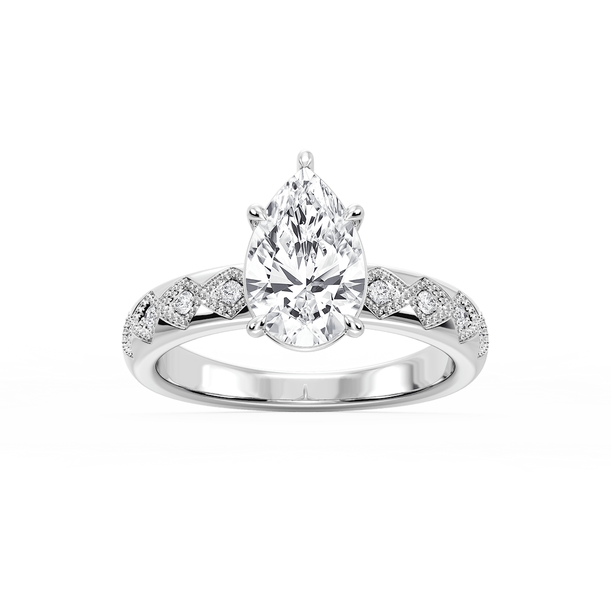 Edith Pear Lab Grown Diamond Accent Milgrain Side Stone Engagement Ring
