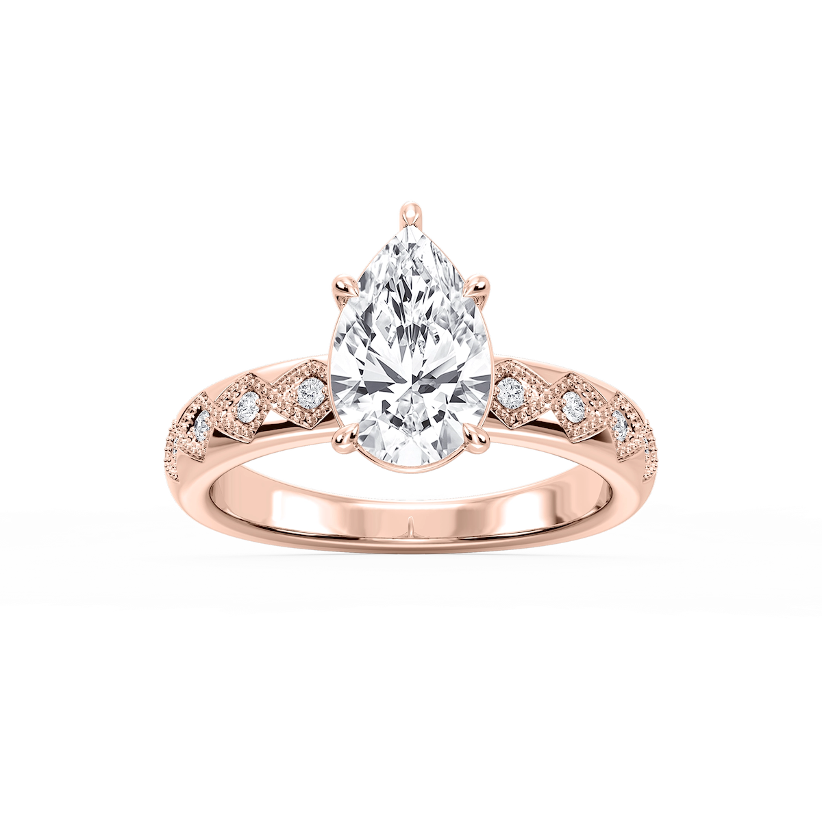 Edith Pear Lab Grown Diamond Accent Milgrain Side Stone Engagement Ring