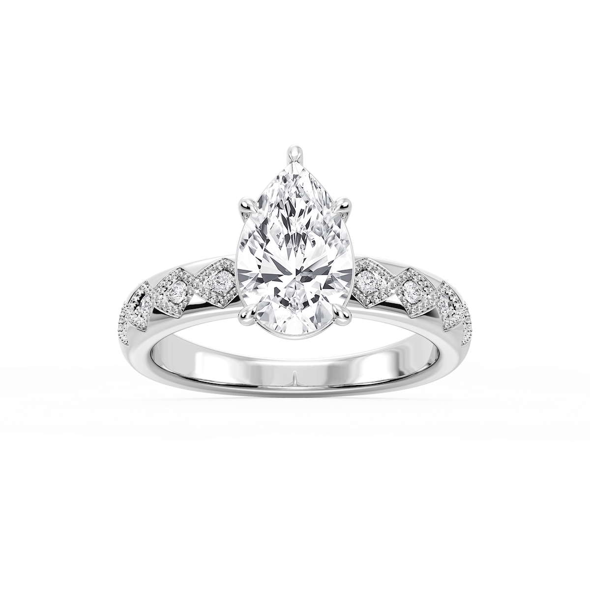 Edith Pear Lab Grown Diamond Accent Milgrain Side Stone Engagement Ring