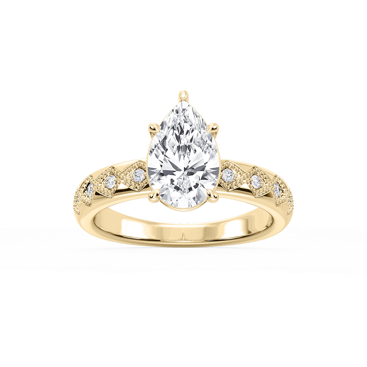 Edith Pear Lab Grown Diamond Accent Milgrain Side Stone Engagement Ring