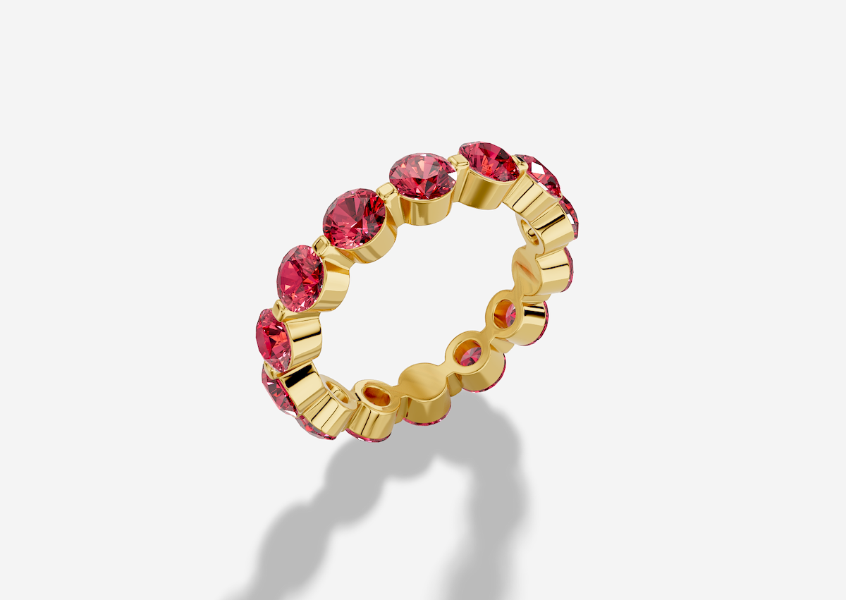 Round Cut Lab Grown Ruby Single Shared Prong Eternity Band in 14K Gold