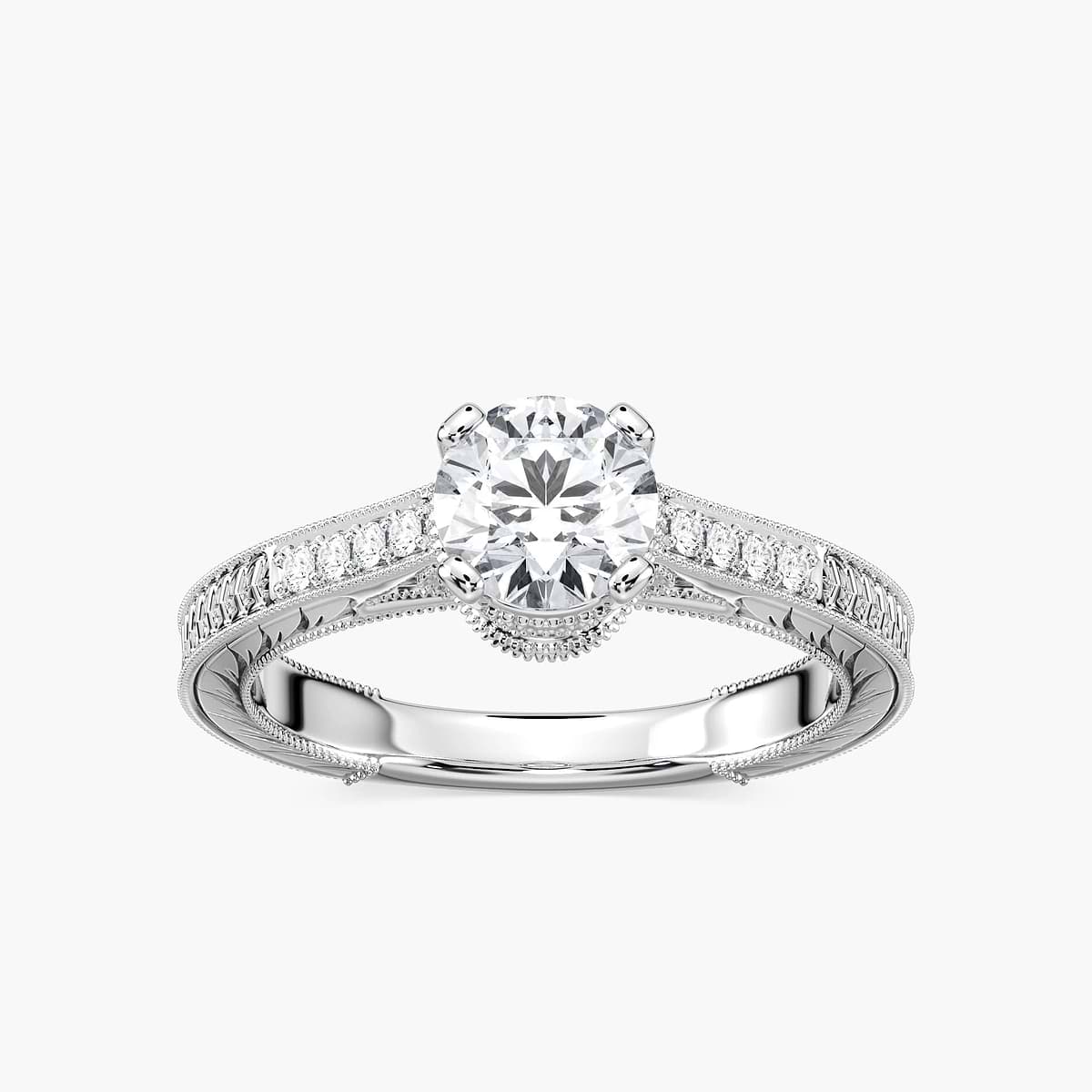 Ella Round Lab Grown Diamond Vintage Antique Crown Side Stone Engagement Ring