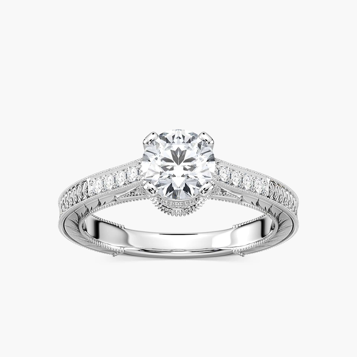 Ella Round Lab Grown Diamond Vintage Antique Crown Side Stone Engagement Ring
